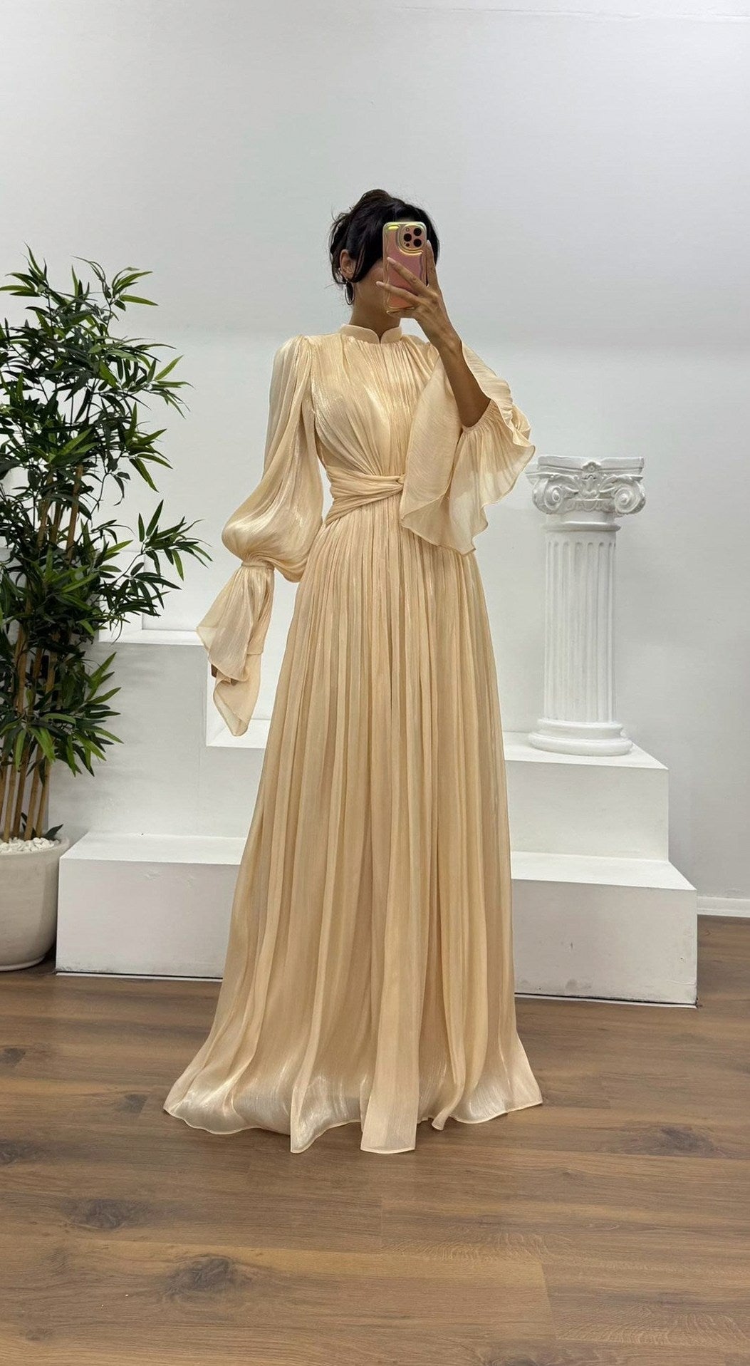 Satin Pleated Mock Neck Maxi Dress