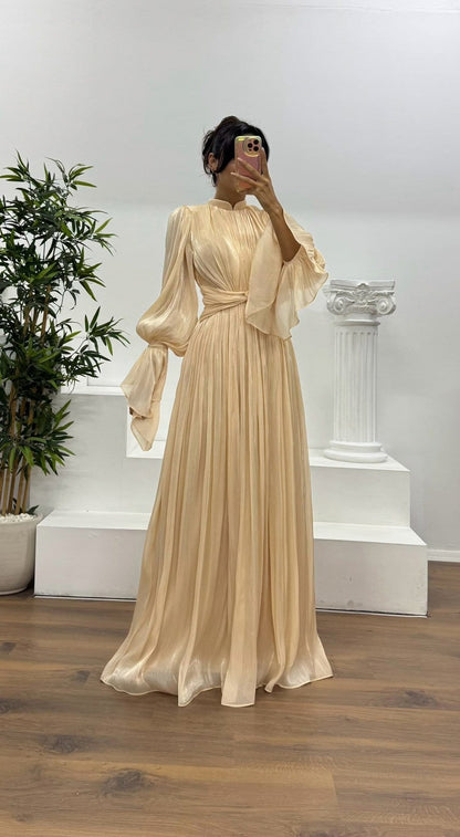 Satin Pleated Mock Neck Maxi Dress