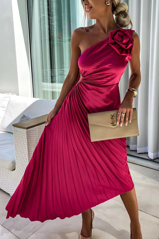 Red - Magenta one-shoulder midi dress featuring a large 3D rosette on the shoulder, ruched bodice with side cutout, and a pleated A-line skirt.