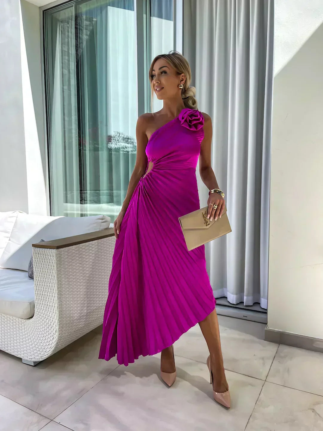 Beige - Magenta one-shoulder midi dress featuring a large 3D rosette on the shoulder, ruched bodice with side cutout, and a pleated A-line skirt.