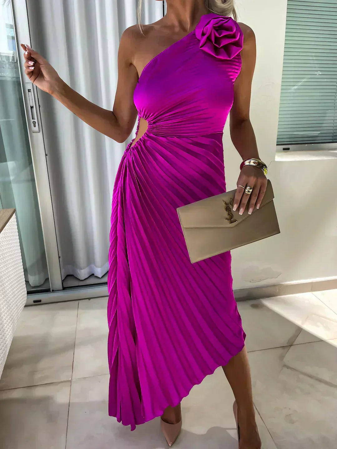 Beige - Magenta one-shoulder midi dress featuring a large 3D rosette on the shoulder, ruched bodice with side cutout, and a pleated A-line skirt.