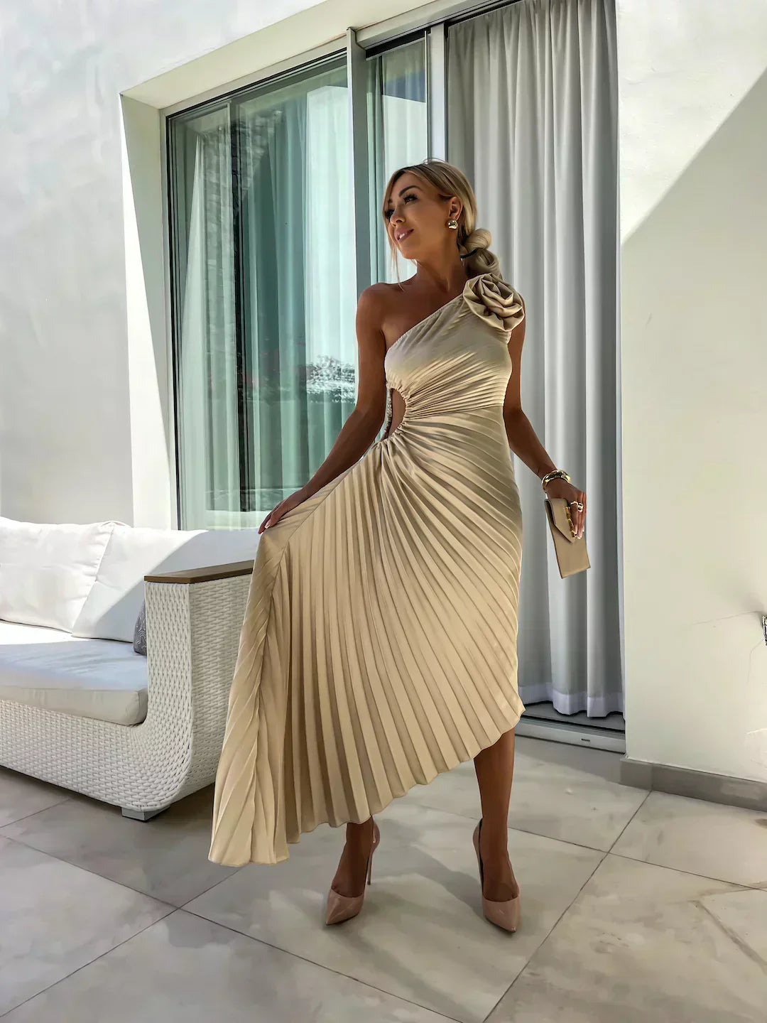 Beige - Magenta one-shoulder midi dress featuring a large 3D rosette on the shoulder, ruched bodice with side cutout, and a pleated A-line skirt.