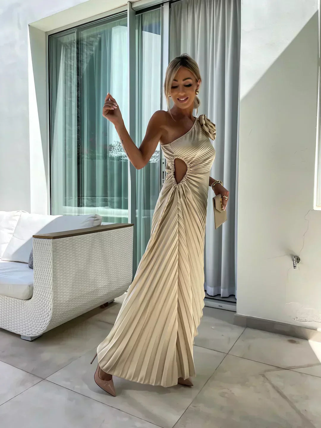Beige - Magenta one-shoulder midi dress featuring a large 3D rosette on the shoulder, ruched bodice with side cutout, and a pleated A-line skirt.