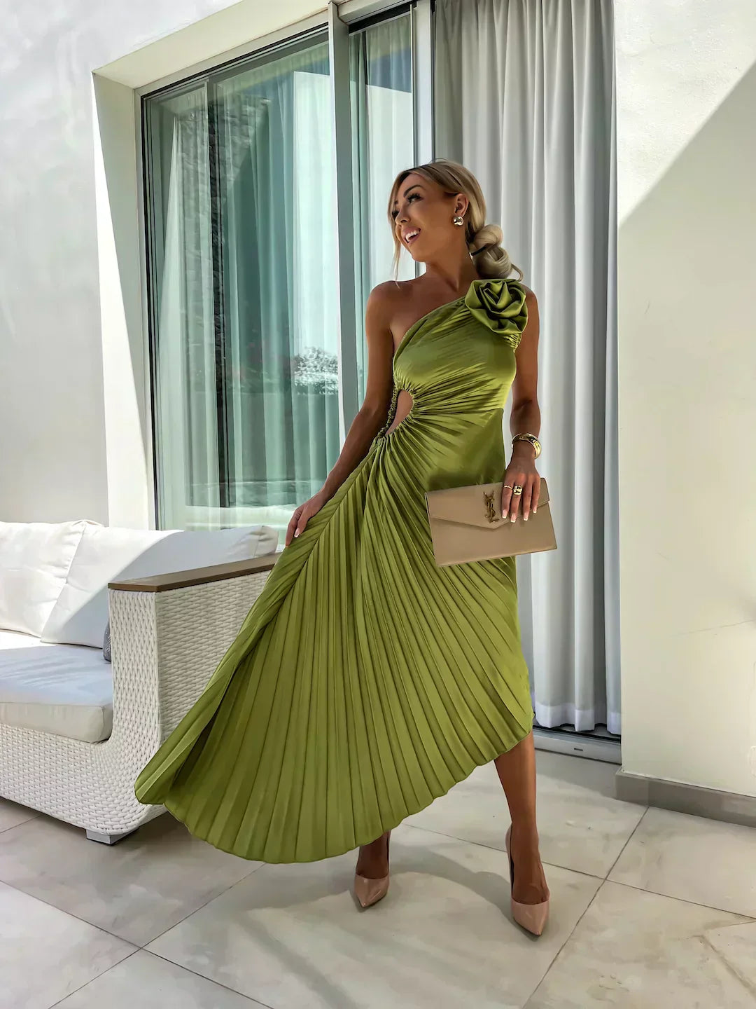 Beige - Magenta one-shoulder midi dress featuring a large 3D rosette on the shoulder, ruched bodice with side cutout, and a pleated A-line skirt.