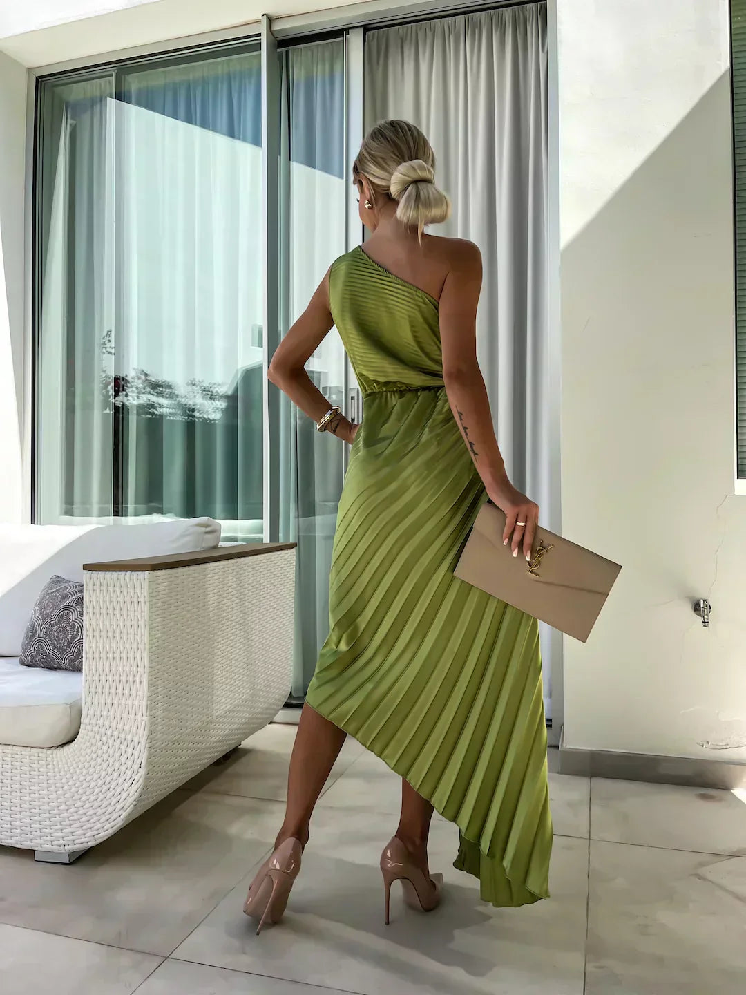 Beige - Magenta one-shoulder midi dress featuring a large 3D rosette on the shoulder, ruched bodice with side cutout, and a pleated A-line skirt.
