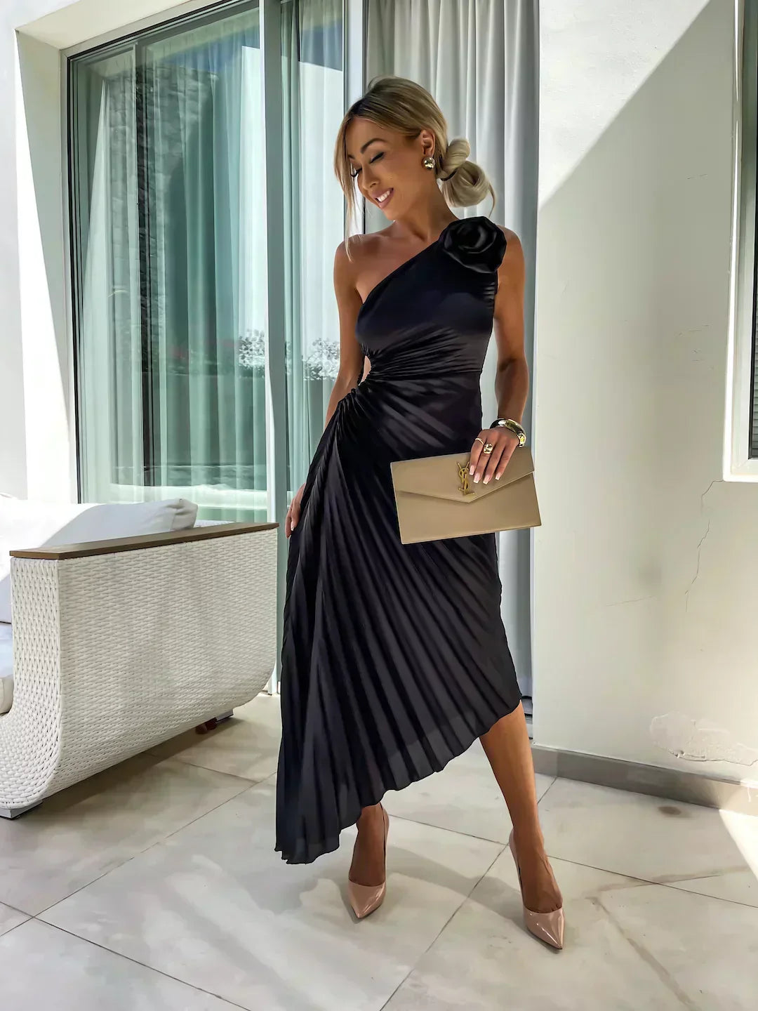 Beige - Magenta one-shoulder midi dress featuring a large 3D rosette on the shoulder, ruched bodice with side cutout, and a pleated A-line skirt.
