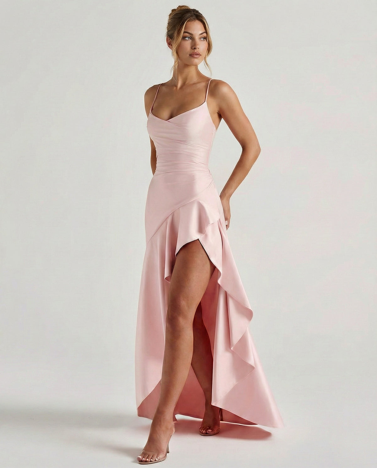 Satin Ruched High Low Maxi Dress