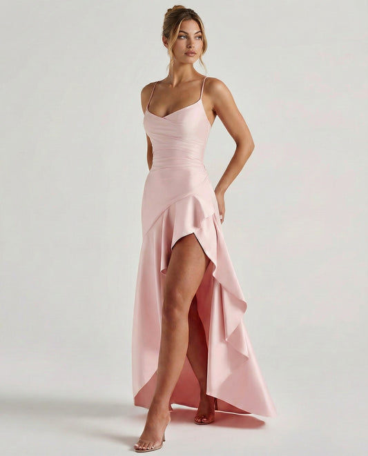 Satin Ruched High Low Maxi Dress