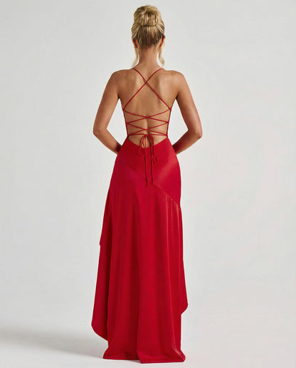 Satin Ruched High Low Maxi Dress