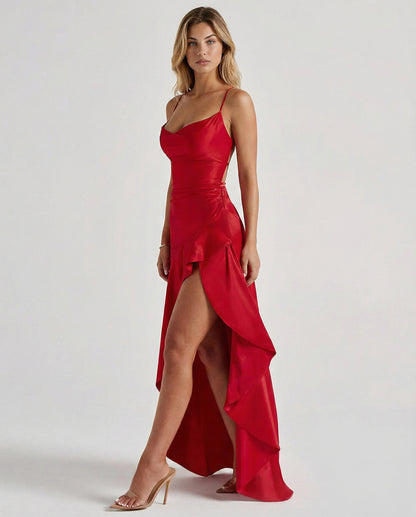 Satin Ruched High Low Maxi Dress