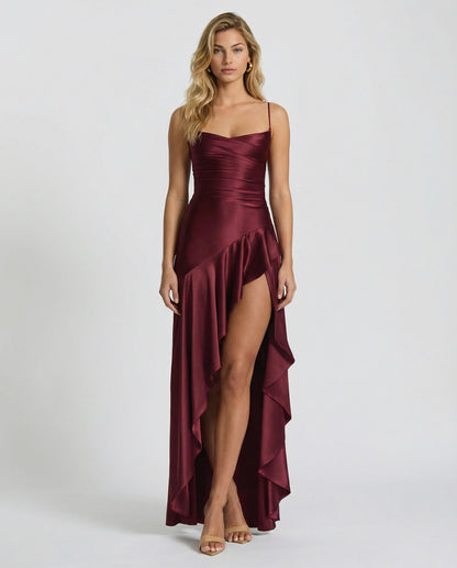 Satin Ruched High Low Maxi Dress
