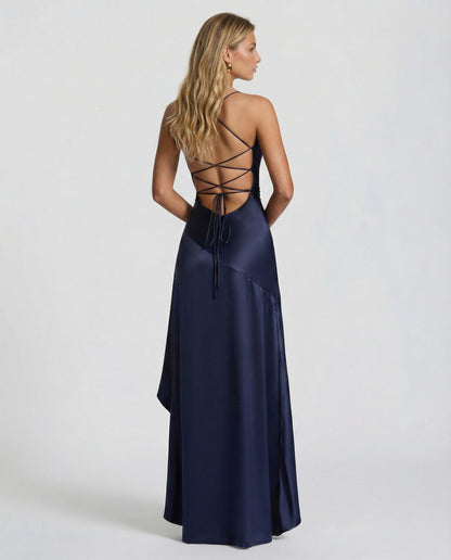 Satin Ruched High Low Maxi Dress