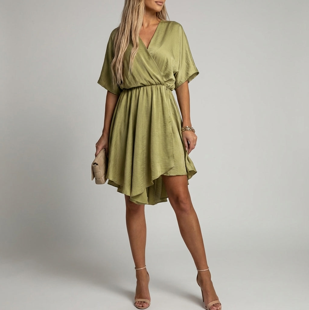 Khaki - A woman wearing a light olive green satin mini dress featuring a deep V-neck, twist-front waist detail, short flutter sleeves, and a tiered asymmetric skirt, paired with nude heeled sandals.
