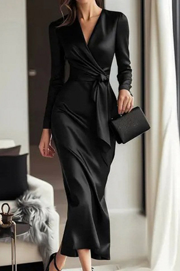 Satin Wrap Long Sleeve Midi Dress