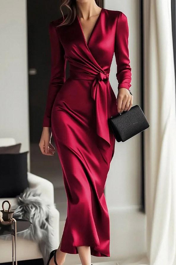 Satin Wrap Long Sleeve Midi Dress