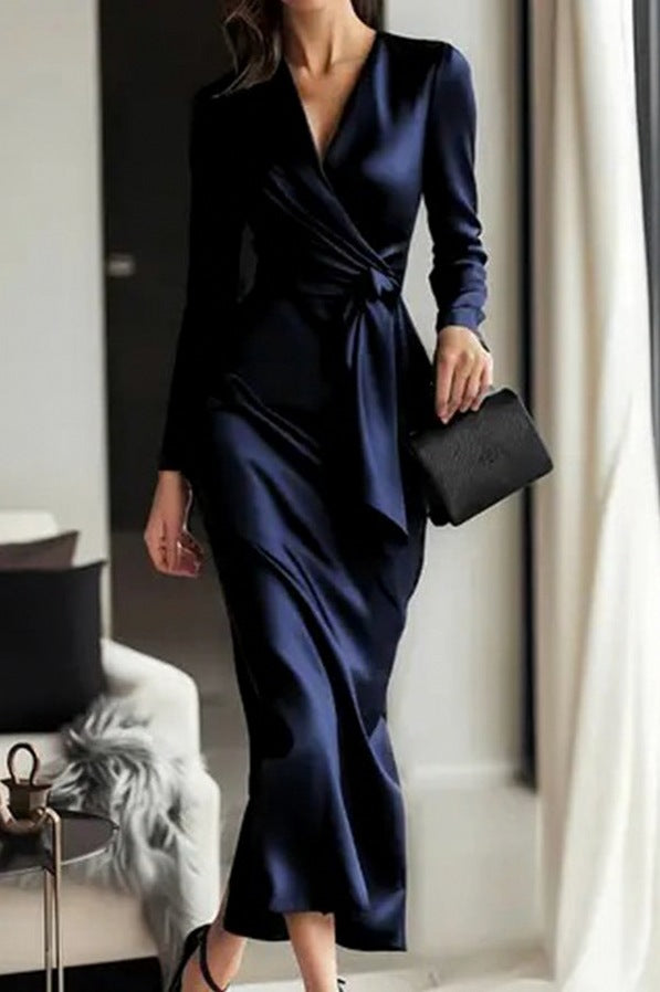 Satin Wrap Long Sleeve Midi Dress
