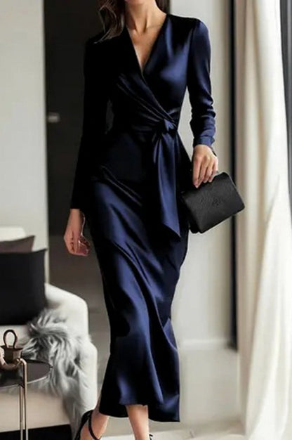 Satin Wrap Long Sleeve Midi Dress
