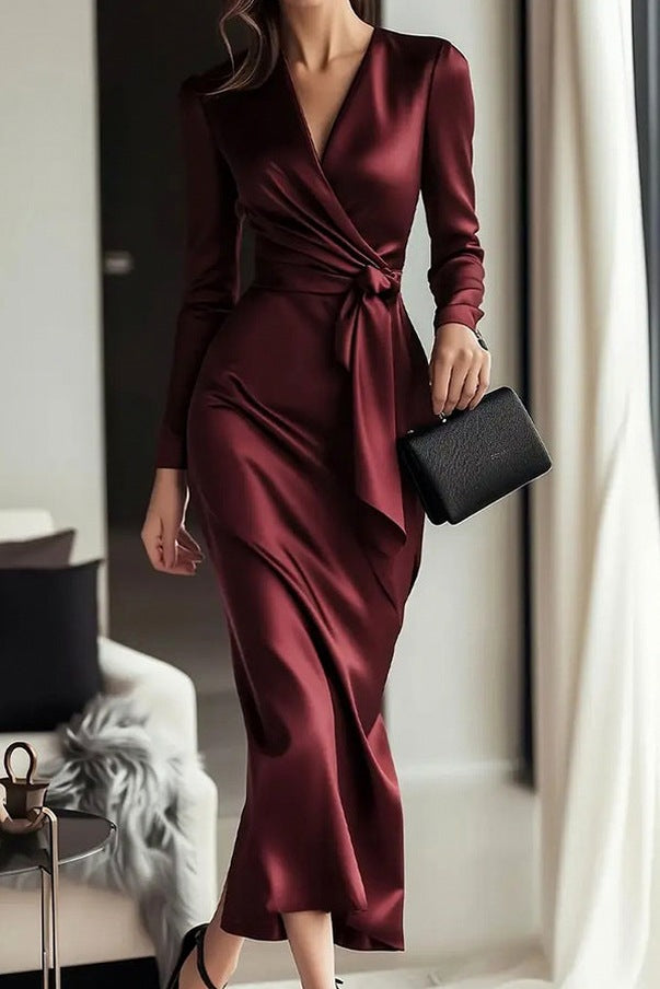 Satin Wrap Long Sleeve Midi Dress