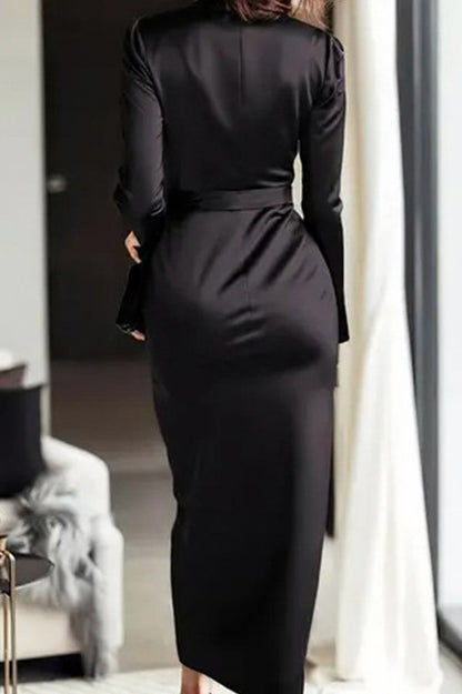 Satin Wrap Long Sleeve Midi Dress