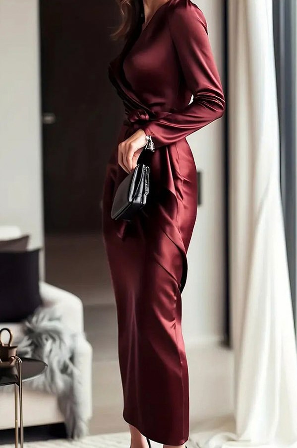 Satin Wrap Long Sleeve Midi Dress