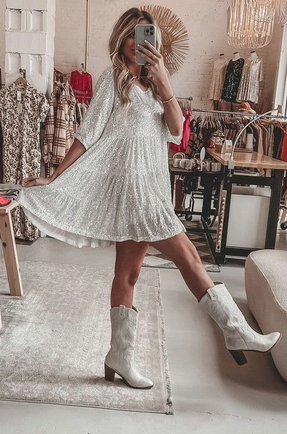 Sequin Babydoll Tiered Short Sleeve Mini Dress