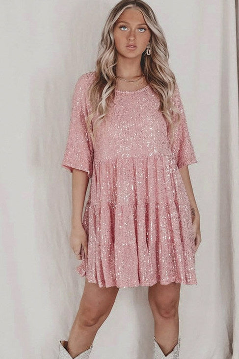 Sequin Babydoll Tiered Short Sleeve Mini Dress
