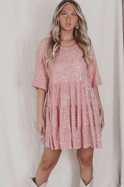 Sequin Babydoll Tiered Short Sleeve Mini Dress