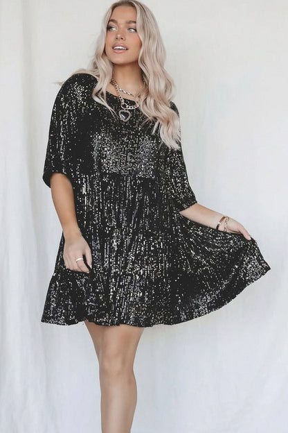 Sequin Babydoll Tiered Short Sleeve Mini Dress