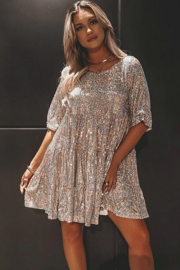 Sequin Babydoll Tiered Short Sleeve Mini Dress