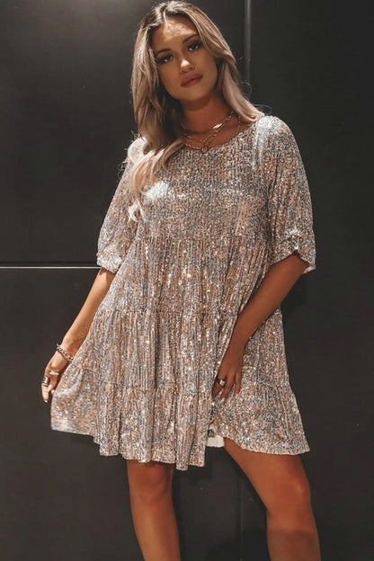 Sequin Babydoll Tiered Short Sleeve Mini Dress