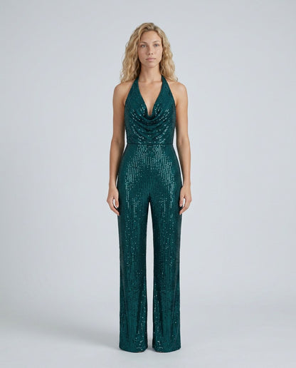 Sequin Cowl Neck Halter Jumpsuit
