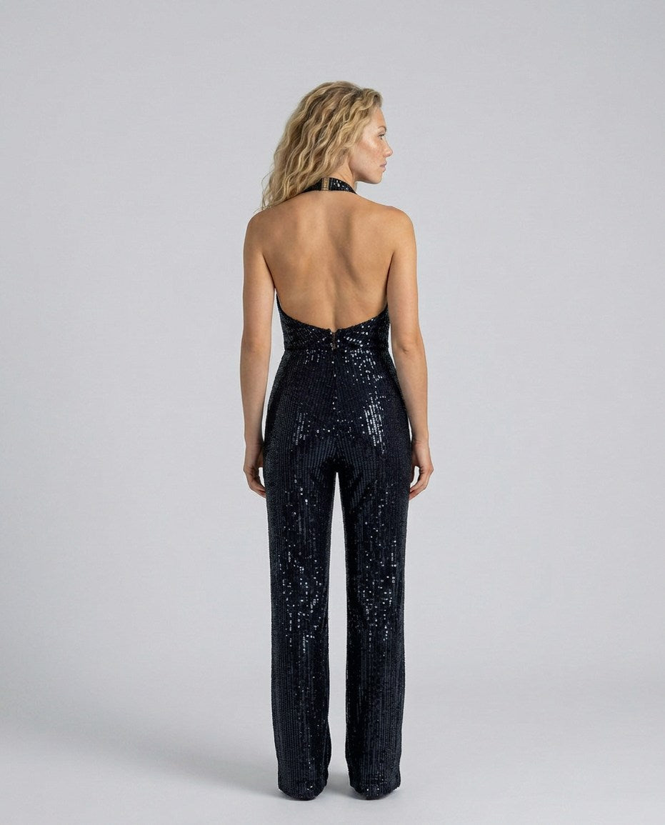 Sequin Cowl Neck Halter Jumpsuit