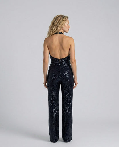 Sequin Cowl Neck Halter Jumpsuit