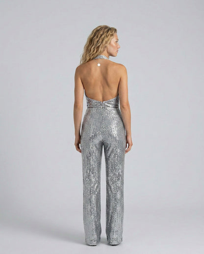 Sequin Cowl Neck Halter Jumpsuit