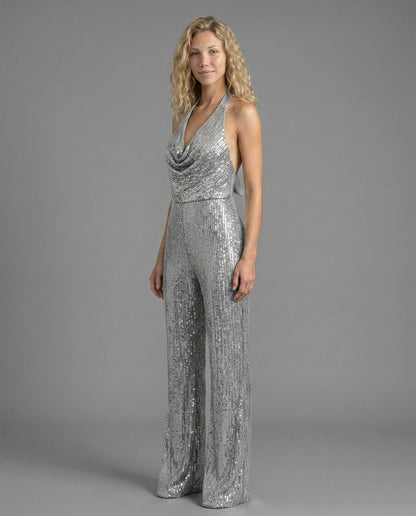 Sequin Cowl Neck Halter Jumpsuit
