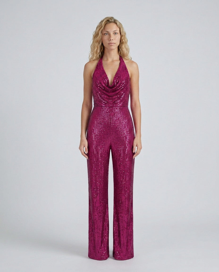 Sequin Cowl Neck Halter Jumpsuit