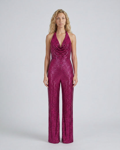 Sequin Cowl Neck Halter Jumpsuit