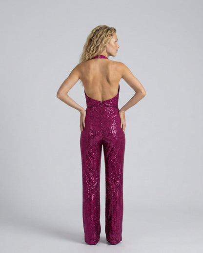 Sequin Cowl Neck Halter Jumpsuit