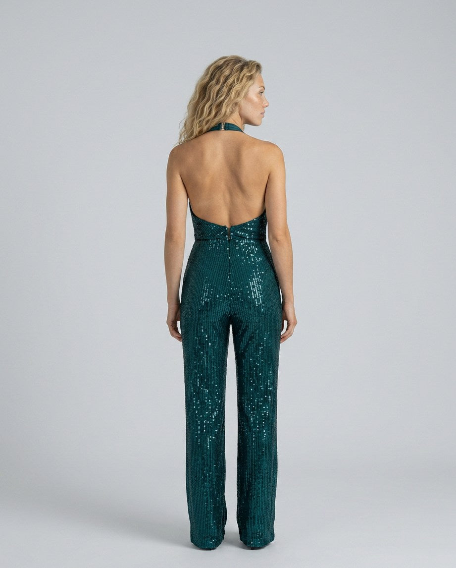 Sequin Cowl Neck Halter Jumpsuit