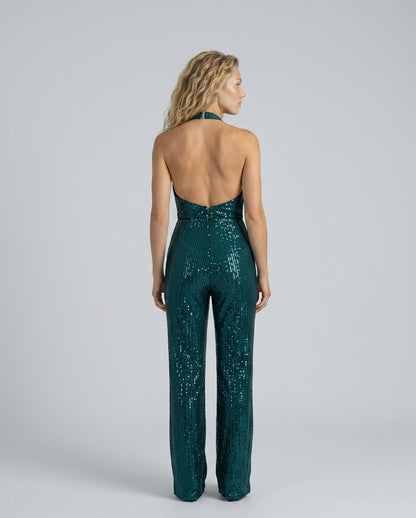 Sequin Cowl Neck Halter Jumpsuit