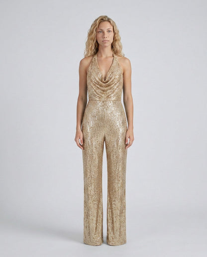 Sequin Cowl Neck Halter Jumpsuit