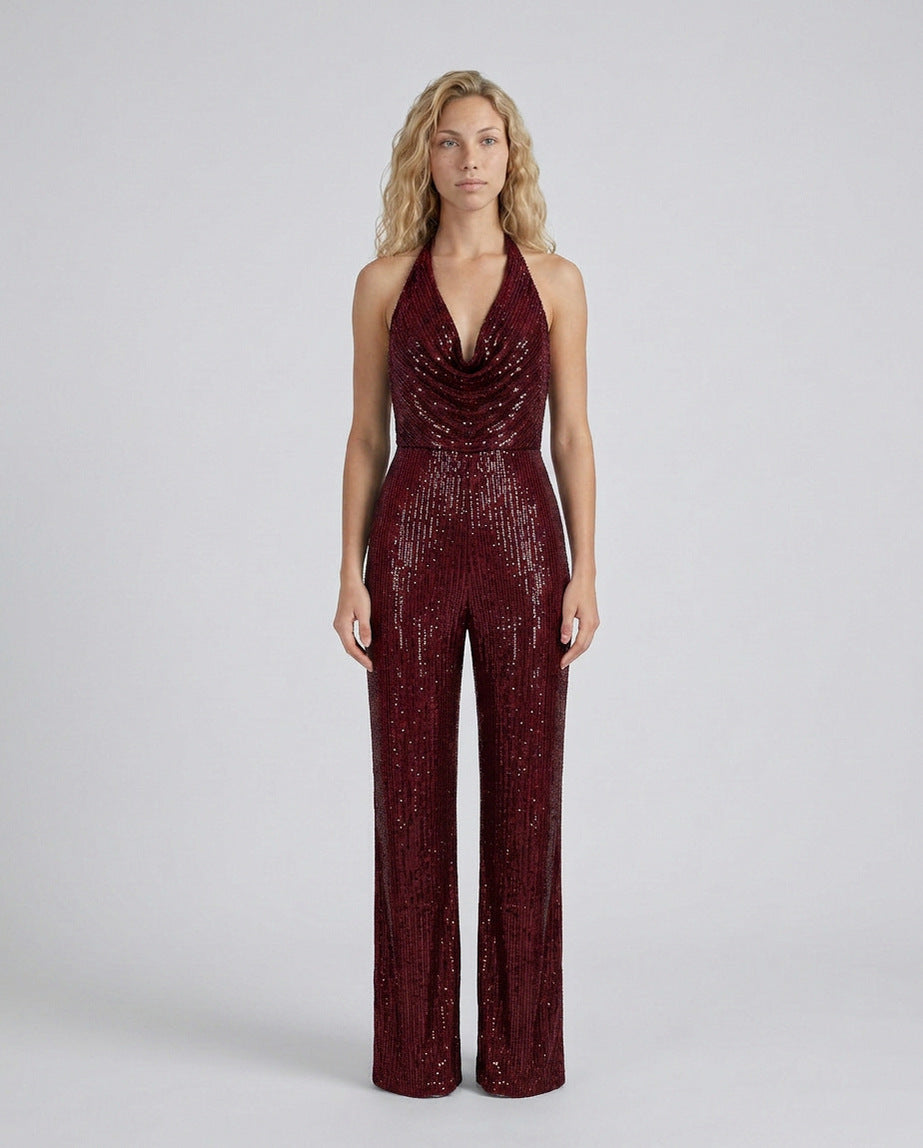 Sequin Cowl Neck Halter Jumpsuit