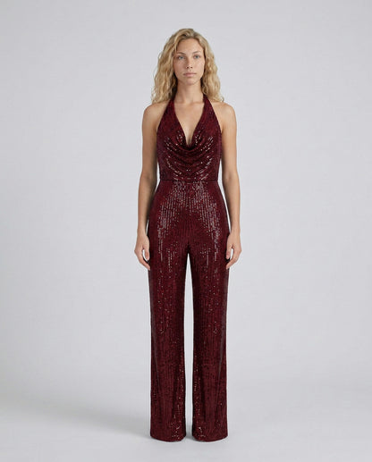 Sequin Cowl Neck Halter Jumpsuit