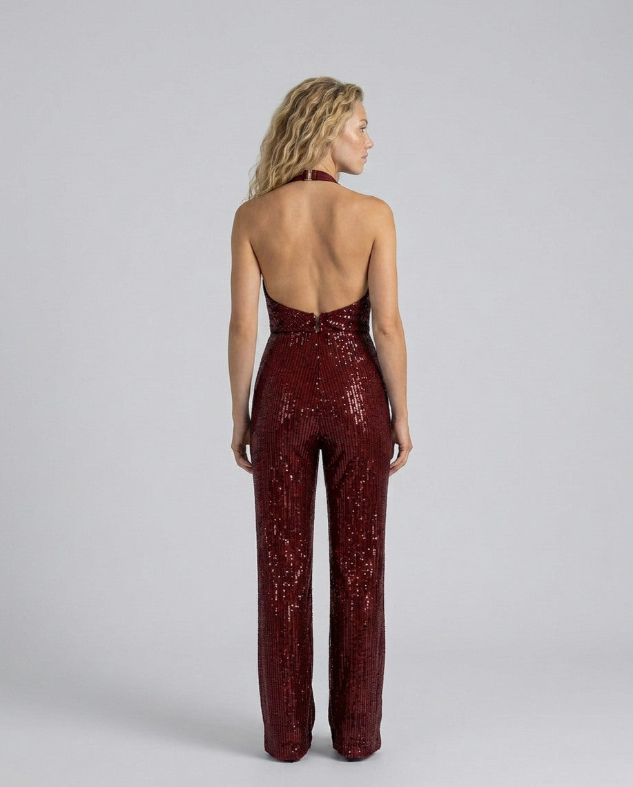 Sequin Cowl Neck Halter Jumpsuit