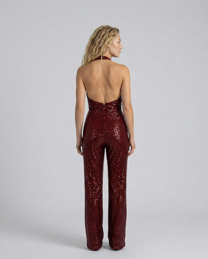 Sequin Cowl Neck Halter Jumpsuit
