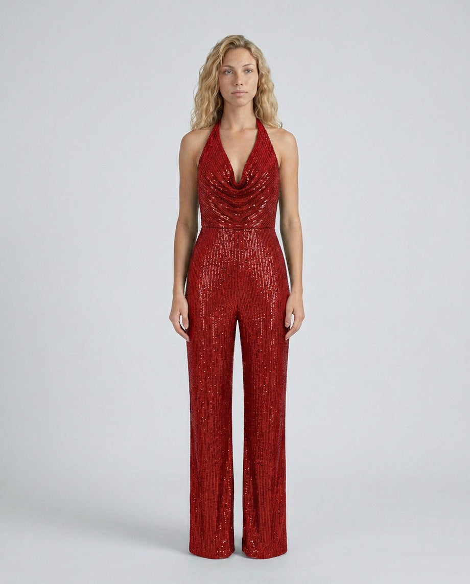 Sequin Cowl Neck Halter Jumpsuit