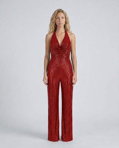 Sequin Cowl Neck Halter Jumpsuit