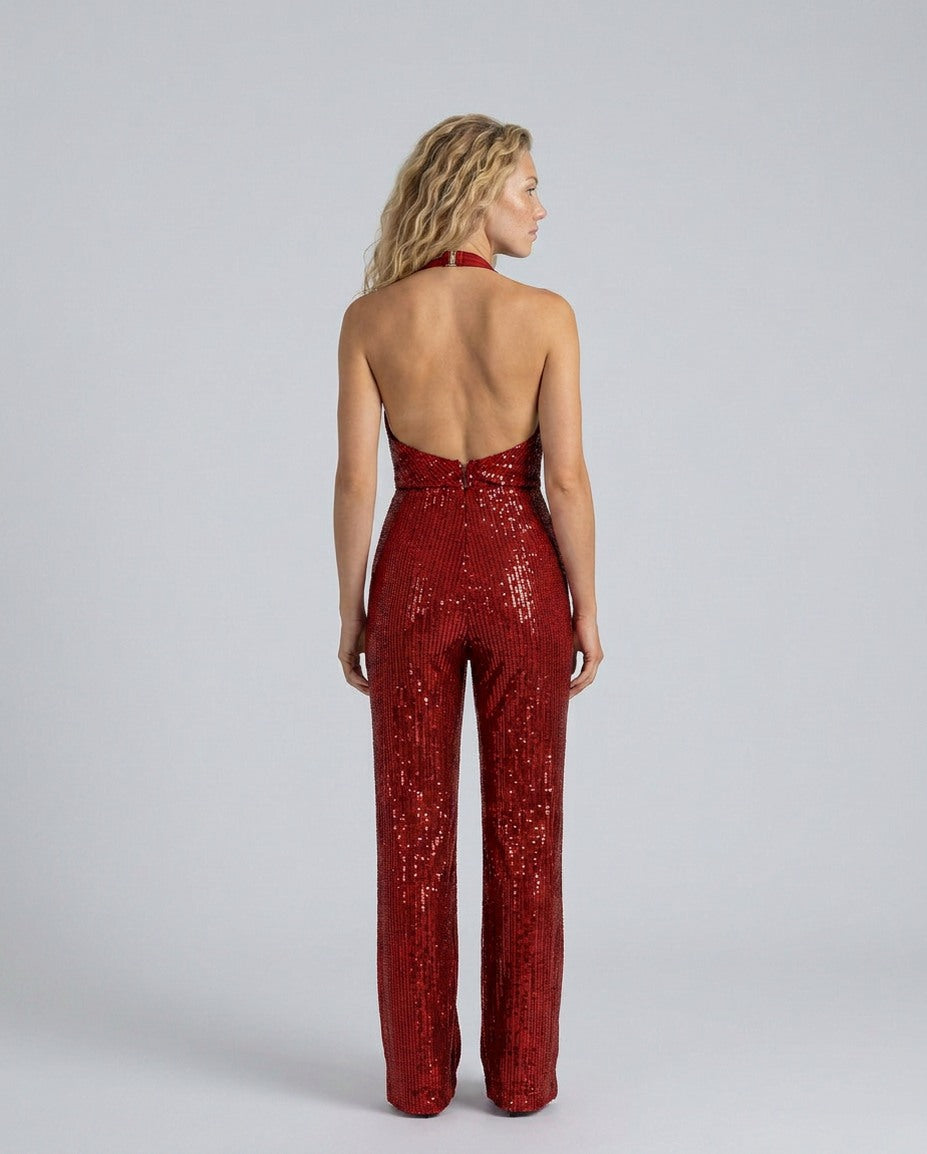 Sequin Cowl Neck Halter Jumpsuit