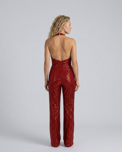 Sequin Cowl Neck Halter Jumpsuit