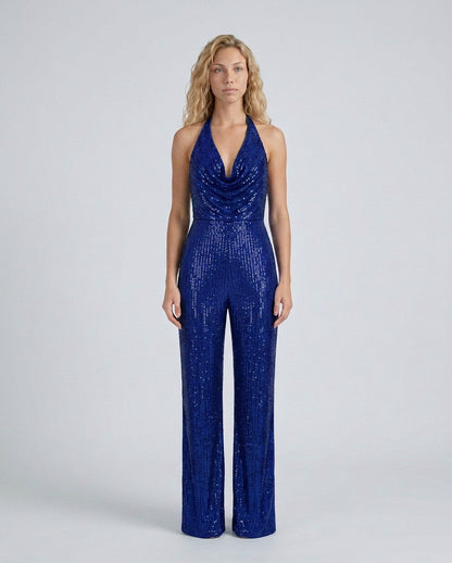 Sequin Cowl Neck Halter Jumpsuit